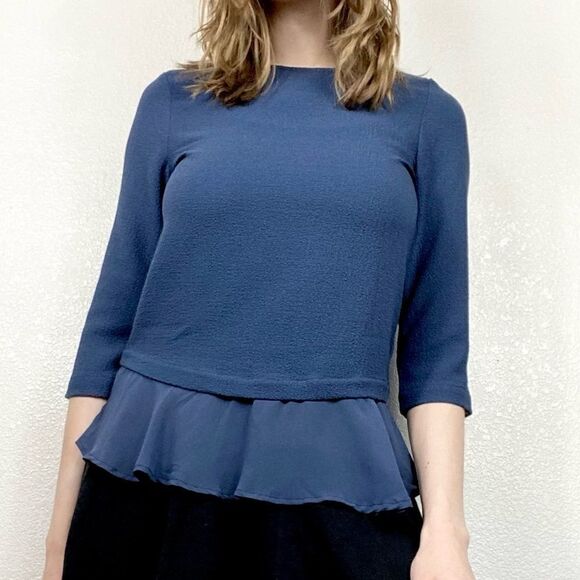 Zara Navy Blue Crepe Half Sleeve Peplum Blouse - Picture 1 of 6